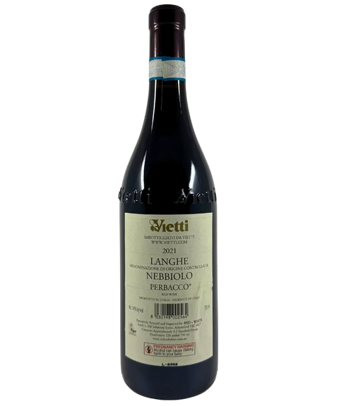 Back label of Vietti Perbacco Langhe Nebbiolo 2021 – Italian Piedmont red wine with producer details and vintage information