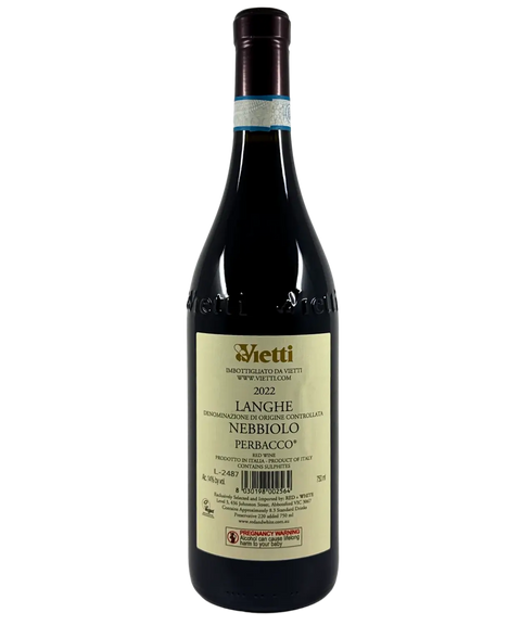 Back label of Vietti Perbacco Langhe Nebbiolo 2022 – Italian Piedmont red wine with producer details and vintage information
