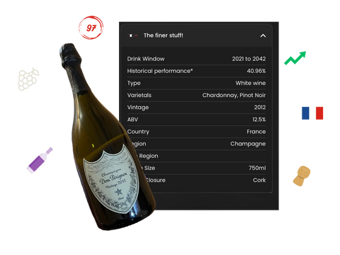 2012 Dom Pérignon Champagne bottle showing vintage label with wine specification panel displaying Chardonnay Pinot Noir blend details