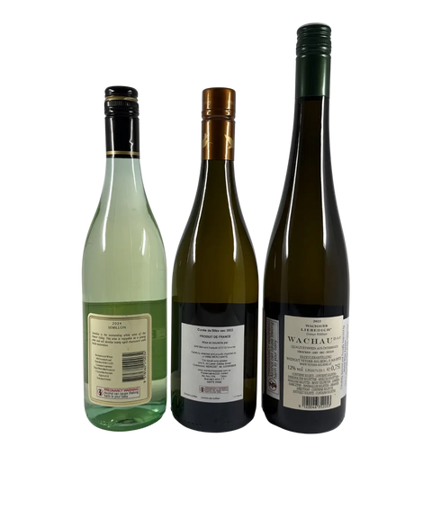 Back labels of Brokenwood Hunter Valley Semillon 2024, Bernard Fouquet Vouvray Cuvée de Silex, and Veyder-Malberg Wachauer Grüner Veltliner Lieblich 2022 wine bottles