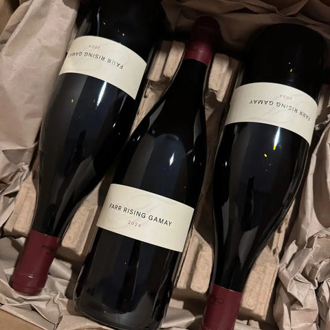 Farr Rising Gamay 2024 red wine bottles in carton packaging – premium Australian Gamay from Geelong, Victoria.