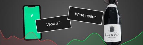 Smartphone with Robinhood app next to Clos de Tart wine bottle, illustrating Wall Street versus wine cellar investment comparison