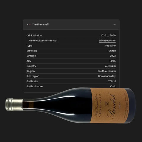 2023 The Standish Shiraz Barossa Valley wine bottle with detailed drink window and specifications including vintage, ABV, and region — premium Australian red wine from South Australia.