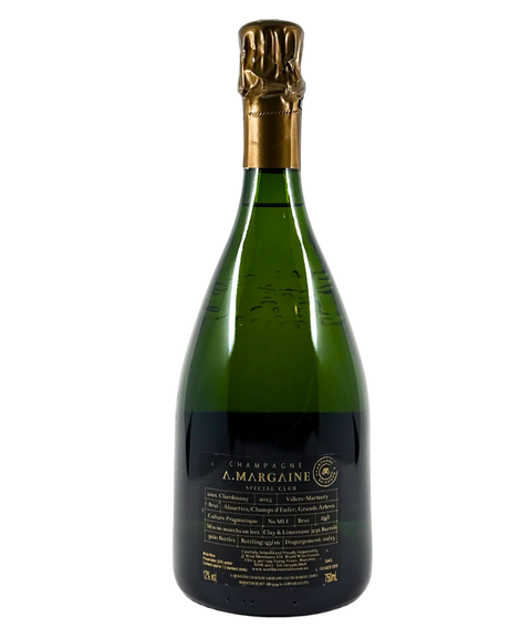 A. Margaine Special Club 2015 back label showing 100% Chardonnay Blanc de Blancs from Villers-Marmery with disgorgement date and production details