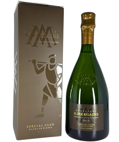 A. Margaine Special Club Blanc de Blancs 2015 Champagne Brut bottle with luxury bronze presentation gift box from Villers-Marmery