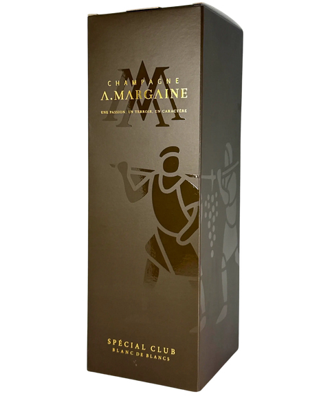 A. Margaine Special Club Blanc de Blancs Champagne Brut 2015 luxury presentation gift box in bronze with stylized vineyard worker design