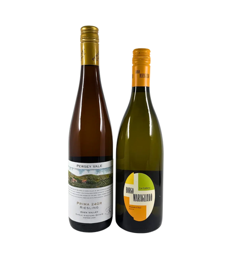 Two-bottle wine pack – Pewsey Vale Prima 24GR Riesling from Eden Valley and Borgo Maragliano La Caliera Moscato d’Asti 2024 – aromatic off-dry and sweet wines with vibrant, eye-catching labels.