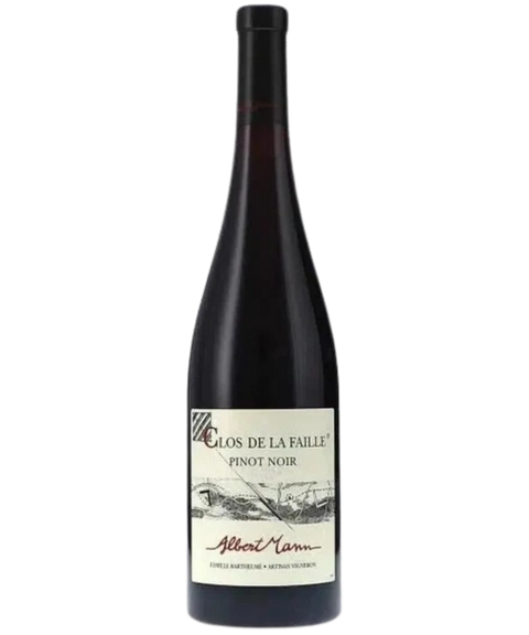 Albert Mann Clos de la Faille Pinot Noir Alsace red wine bottle with black and white landscape label