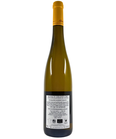 Albert Mann Wineck-Schlossberg Riesling Grand Cru 2021 back label showing Alsace Grand Cru appellation and organic certification