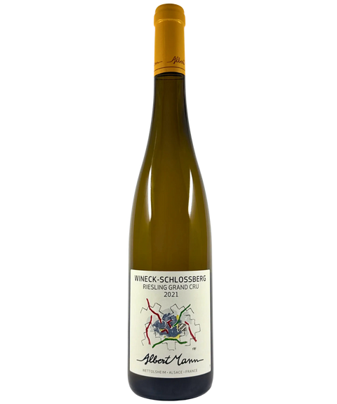 Albert Mann Wineck-Schlossberg Riesling Grand Cru 2021 Alsace white wine bottle with artistic label and yellow capsule