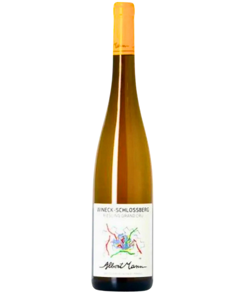 Albert Mann Wineck-Schlossberg Riesling Grand Cru Alsace white wine bottle with artistic floral label and yellow capsule