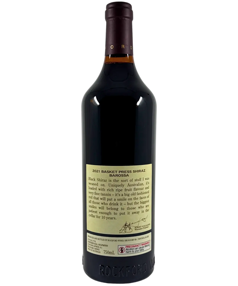Back label of Rockford Basket Press Shiraz 2021, Barossa Valley red wine with tasting notes and cellar age recommendation.