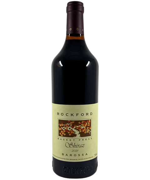 Rockford Basket Press Shiraz 2021 wine bottle, Barossa Valley red with autumn vine artwork label.