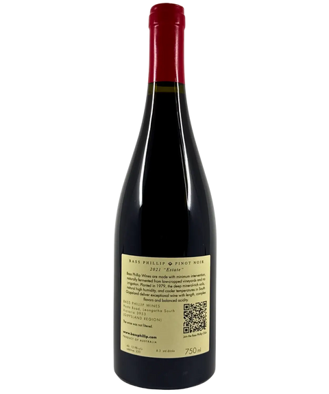 Back label of Bass Phillip Estate Pinot Noir 2021 – South Gippsland old vines red wine with winemaker notes and vintage details