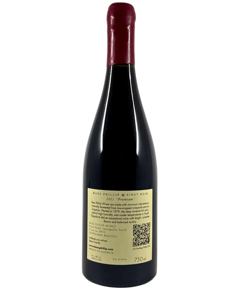 Back label of Bass Phillip Premium Pinot Noir 2021 – South Gippsland old vines red wine with winemaker notes and vintage details
