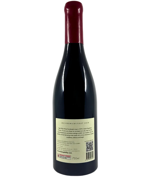 Back label of Bass Phillip Premium Pinot Noir 2023 – South Gippsland old vines red wine with winemaker notes and vintage details