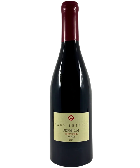 Bass Phillip Premium Pinot Noir 2023 wine bottle – old vines South Gippsland Pinot Noir with cream label and burgundy wax seal