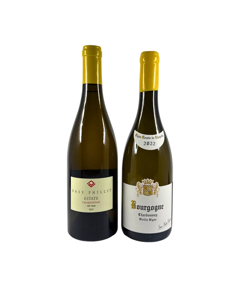 Front view of Bass Phillip x Fourrier Chardonnay 2-Pack – premium white wine collection featuring 2023 Bass Phillip Estate Chardonnay from Gippsland, Australia, and 2022 Jean-Marie Fourrier Bourgogne Chardonnay Vieille Vigne from Burgundy, France. High-end Chardonnay gift set for wine collectors and connoisseurs.