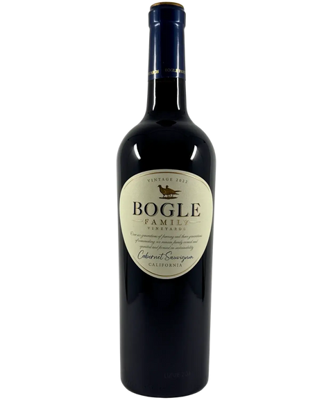 Bogle Family Vineyards Cabernet Sauvignon 2022 wine bottle, California red wine with cream label and blue foil.