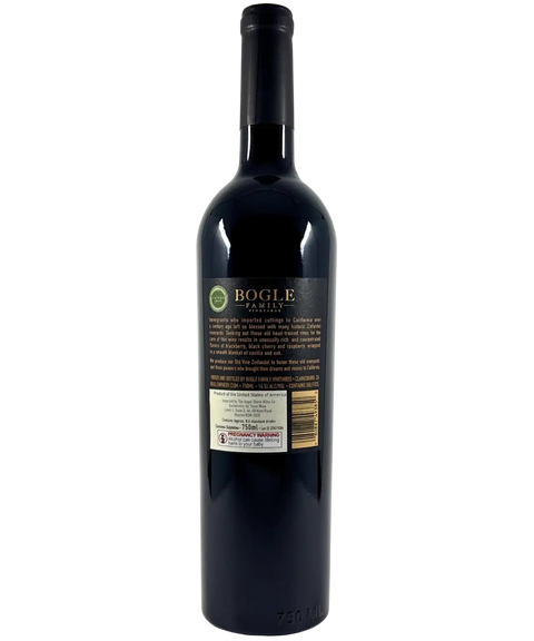 Back label of Bogle Family Vineyards Old Vine Zinfandel 2022, describing rich blackberry, cherry and raspberry flavours with vanilla oak notes.