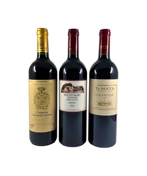 International red wine collection showing Château Gruaud Larose 2005, Mount Mary Quintet 2022, and Te Mata Coleraine 2023