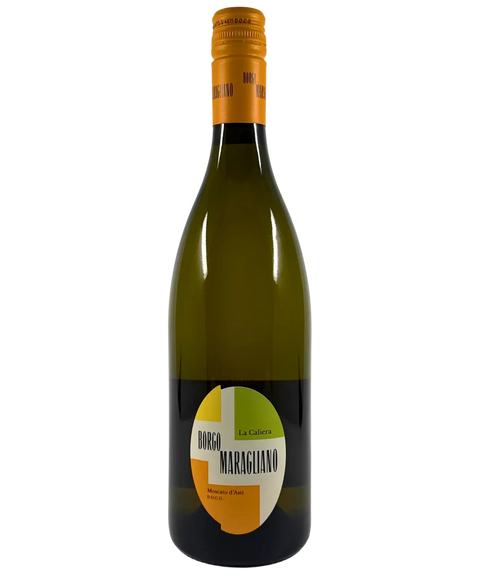2023 Borgo Maragliano La Caliera Moscato d'Asti white wine bottle front label from DOCG Italy with orange capsule and modern circular design