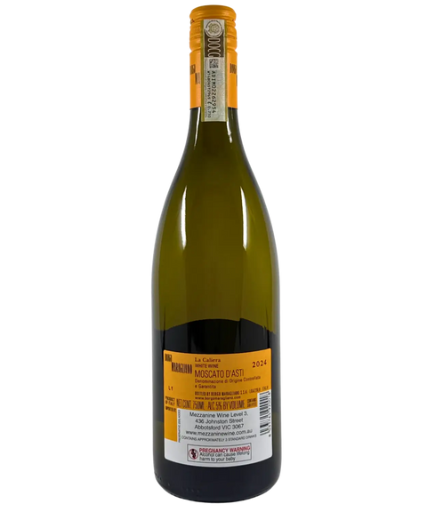2024 Borgo Maragliano La Caliera Moscato d'Asti white wine bottle back label showing DOCG Denominazione di Origine Controllata e Garantita with orange capsule and importer information