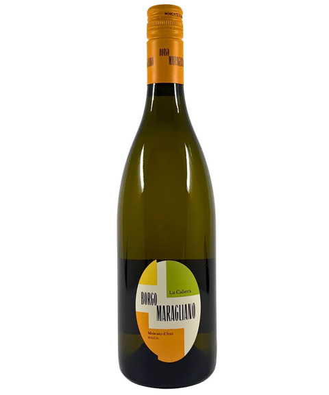 2024 Borgo Maragliano La Caliera Moscato d'Asti white wine bottle front label from DOCG Italy with orange capsule and modern circular design