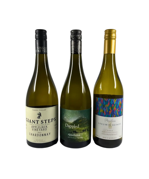 Front labels of Chardonnay Explorer 3-Pack featuring Giant Steps Applejack Vineyard 2023 Chardonnay, Dappled Appellation 2022 Chardonnay, and Leeuwin Estate Art Series 2022 Chardonnay.