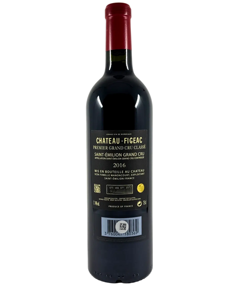 Château Figeac Saint-Émilion Premier Grand Cru Classé 2016 red wine bottle back label with appellation details and gold award seal.