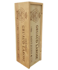 Wooden wine box for Château Gruaud Larose Saint-Julien with engraved coat of arms and sliding lid