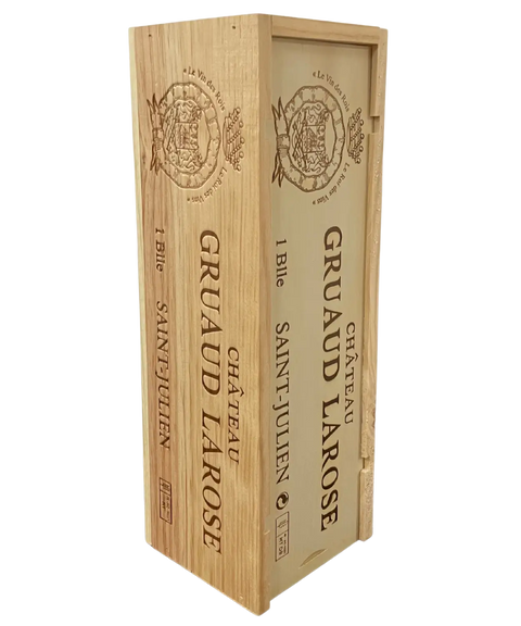 Wooden wine box for Château Gruaud Larose Saint-Julien with engraved coat of arms and sliding lid