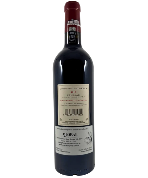 Château Lafite Rothschild 2019 Pauillac back label showing First Growth Bordeaux wine details and import information