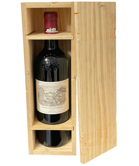 Château Lafite Rothschild 2019 Pauillac wine in wooden gift box showing premium Bordeaux wine packaging