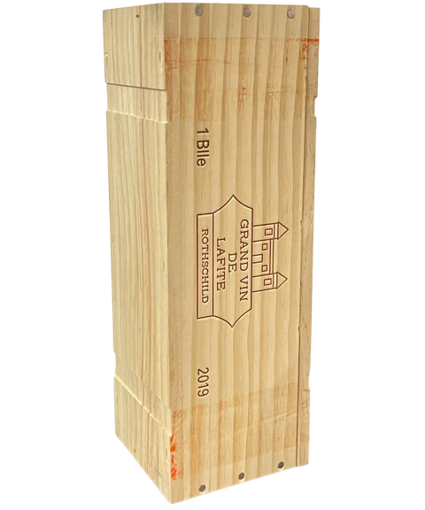 Château Lafite Rothschild 2019 wooden wine case showing premium Bordeaux First Growth wine packaging