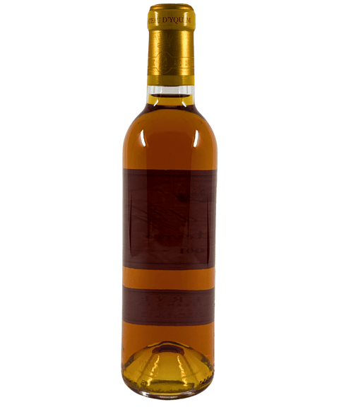 Back label of Château d’Yquem Sauternes 2001 French dessert wine bottle