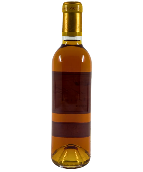 2001 Château d'Yquem Sauternes sweet dessert wine bottle back view with golden amber colour and gold foil capsule from Bordeaux France