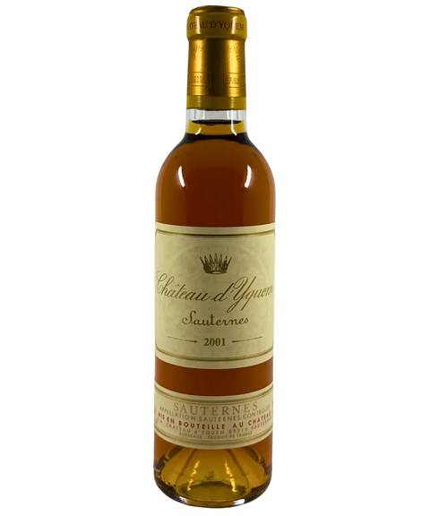 2001 Château d'Yquem Sauternes sweet dessert wine bottle front label with crown crest showing golden amber colour and Mis en Bouteille au Château designation from Bordeaux France