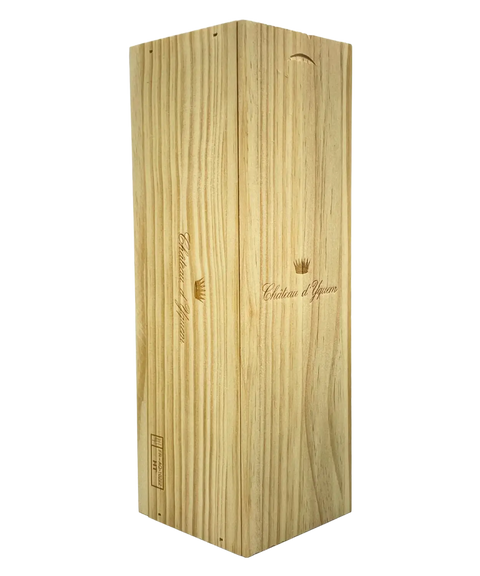 Château d'Yquem wooden wine presentation box closed showing crown crest branding and premium packaging