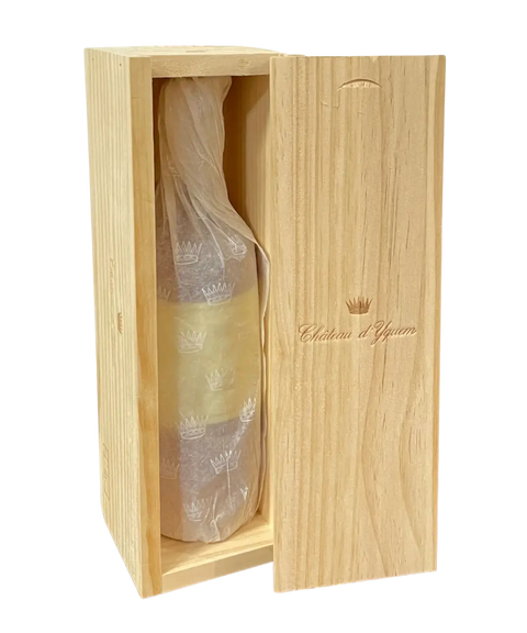 Château d'Yquem Sauternes dessert wine in opened wooden presentation box with tissue wrapping and crown crest branding