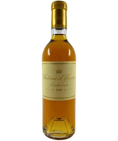 2009 Château d'Yquem Sauternes sweet dessert wine bottle with golden amber colour and gold foil capsule from Bordeaux France