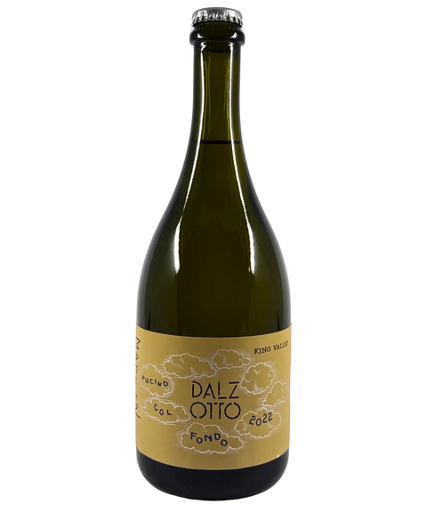 2022 Dal Zotto Pucino Col Fondo white wine bottle front label from King Valley with cloud design and crown cap closure