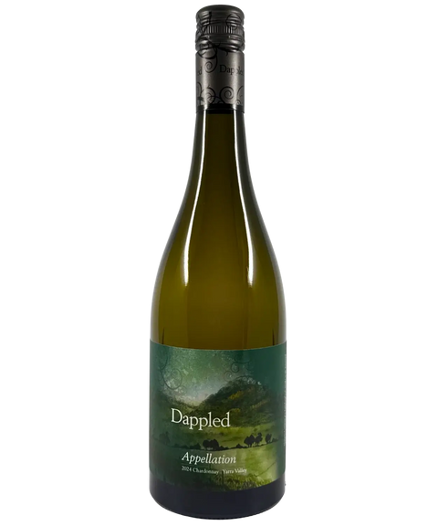 Dappled Appellation Chardonnay 2024 Yarra Valley wine bottle featuring green vineyard landscape label and black patterned screw cap.