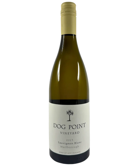 2023 Dog Point Vineyard Sauvignon Blanc white wine bottle front label from Marlborough New Zealand with palm tree logo and gold screw cap closure
