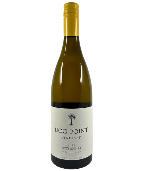 2018 Dog Point Vineyard Section 94 Sauvignon Blanc white wine bottle front label from Marlborough New Zealand with palm tree logo and gold foil capsule