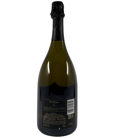 Back label of Dom Pérignon Vintage 2012 Champagne detailing origin, alcohol content, and producer information.