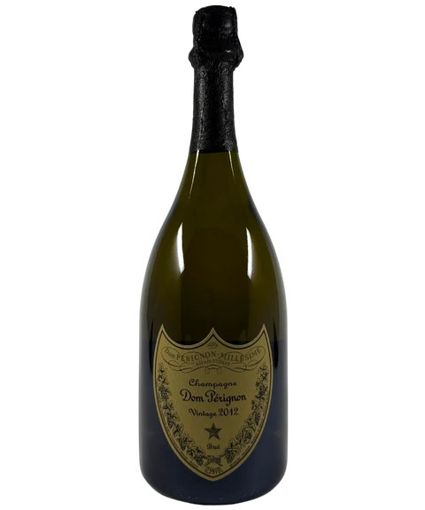 Dom Pérignon Vintage 2012 Champagne bottle with iconic gold shield label and black foil, French prestige cuvée.
