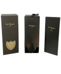 Dom Pérignon Vintage 2012 Champagne luxury presentation gift box in black with gold branding, three-panel view.