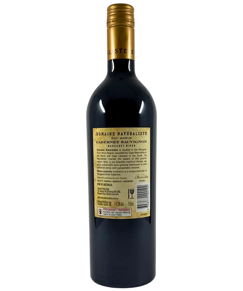 Back label of Domaine Naturaliste Morus Cabernet Sauvignon 2021, showing tasting notes, region details, and winery information from Margaret River.