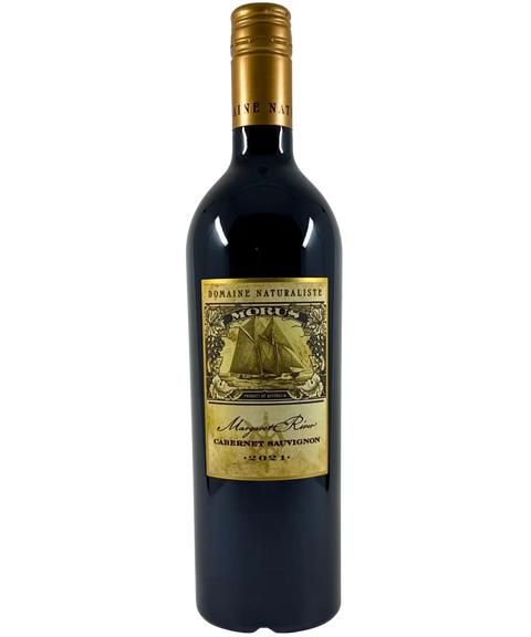 Bottle of Domaine Naturaliste Morus Cabernet Sauvignon 2021 from Margaret River, featuring gold foil sailing ship label design.